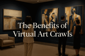 A group of well-dressed individuals explores a sophisticated virtual art gallery with navy blue walls and abstract paintings, representing the upscale experience of participating in a virtual art crawl.