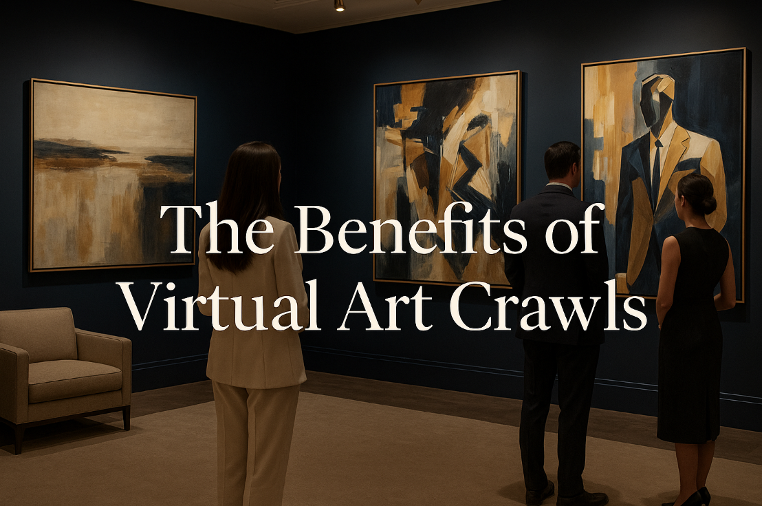 A group of well-dressed individuals explores a sophisticated virtual art gallery with navy blue walls and abstract paintings, representing the upscale experience of participating in a virtual art crawl.