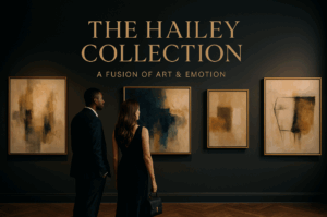 A professionally dressed couple stands side by side in an upscale art gallery, surrounded by elegant abstract paintings, symbolizing the founders of Harpeth Gallery and their artistic vision.
