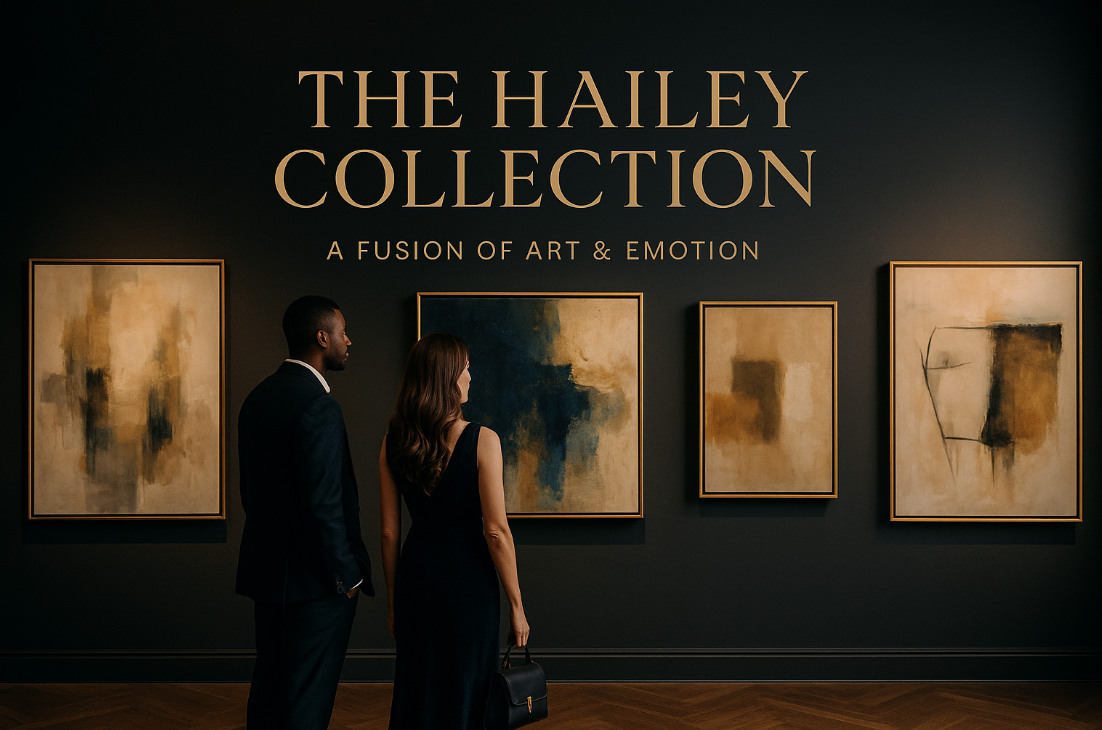 A professionally dressed couple stands side by side in an upscale art gallery, surrounded by elegant abstract paintings, symbolizing the founders of Harpeth Gallery and their artistic vision.