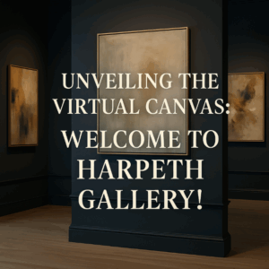 An upscale art gallery interior featuring abstract paintings in gold frames on navy blue walls, with soft lighting and elegant serif text reading “Welcome to Harpeth Gallery,” symbolizing a refined virtual art experience.