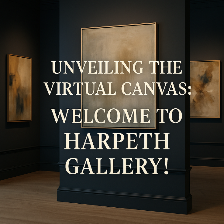 An upscale art gallery interior featuring abstract paintings in gold frames on navy blue walls, with soft lighting and elegant serif text reading “Welcome to Harpeth Gallery,” symbolizing a refined virtual art experience.