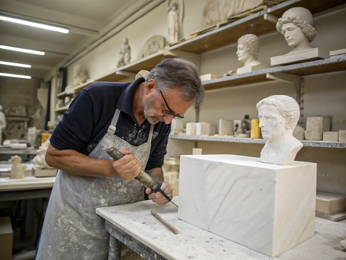 A photograph of a male sculptor in his early 40s, chiseling away at a large marble block in his outdoor workshop. The sculpture is a figurative piece, and the artist is focused and determined.
