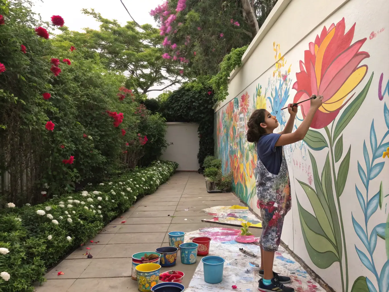 A digital illustration of a young, diverse artist creating a mural on a city wall. The mural is colorful and depicts scenes of community and hope. The artist is wearing headphones and appears to be in a state of flow.