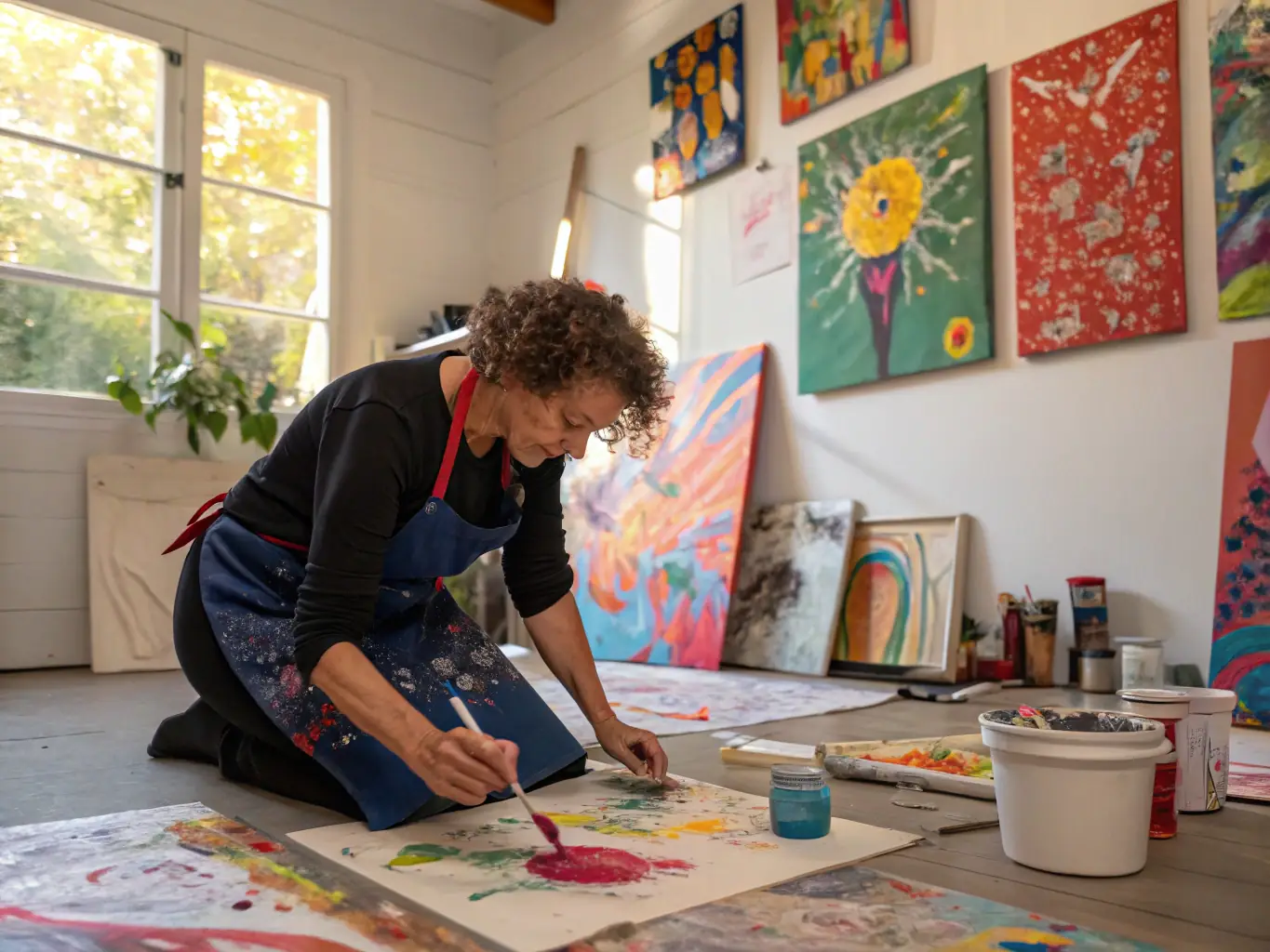 A close-up shot of a female artist in her late 30s, with a warm smile, standing in front of her vibrant abstract painting in her studio. Natural light floods the space, highlighting the textures and colors of the artwork.